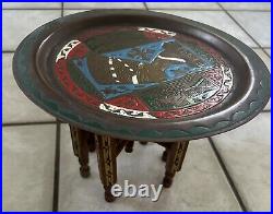 Vintage ISLAMIC INLAID FOLDING SIDE TABLE WITH BRASS TRAY Egypt