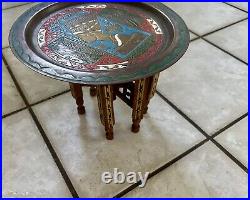 Vintage ISLAMIC INLAID FOLDING SIDE TABLE WITH BRASS TRAY Egypt