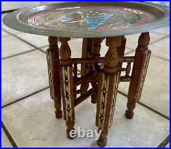 Vintage ISLAMIC INLAID FOLDING SIDE TABLE WITH BRASS TRAY Egypt