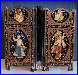 Vintage India Mughal Persian Painted Wood Table Top Folding Screen 4 Panel 15