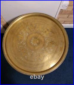 Vintage Large Engraved Middle Eastern Brass Table Top Tray Folding Stand