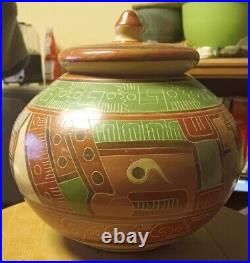 Vintage Large Hand Etched Pottery With Lid South American Middle Eastern 9 × 9