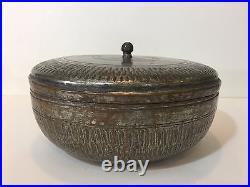 Vintage Middle East Persian Hand Made Copper Round Box withCover, 5 1/2 H x 10 D