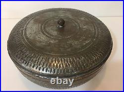 Vintage Middle East Persian Hand Made Copper Round Box withCover, 5 1/2 H x 10 D