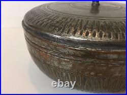 Vintage Middle East Persian Hand Made Copper Round Box withCover, 5 1/2 H x 10 D