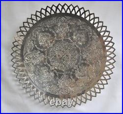 Vintage Middle Eastern 875 Silver Reticulated and Engraved Footed Tray