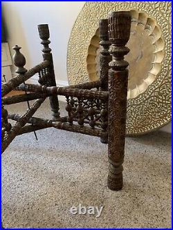 Vintage Middle Eastern Brass Tray Table With Wooden Base