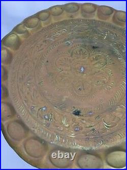 Vintage Middle Eastern Brass Tray with Carved Wood Base Table