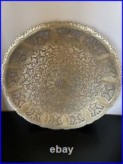 Vintage Middle Eastern Moorish Style Round Brass Tray 13.5 Signed