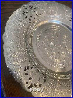 Vintage Middle Eastern PERSIAN 875 Silver Hand Engraved Footed Serving PLATE art