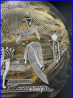 Vintage Middle Eastern Two Egyptian gods Large 16 Brass Tray withSilver Inlay