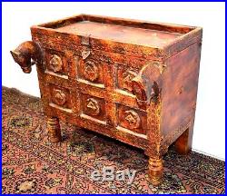 Vintage Middle Eastern or Chinese Dowry Chest With Horse Carving & Brass Decor