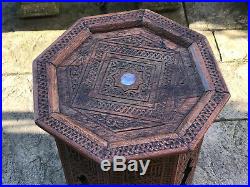 Vintage Moroccan Hand Carved Hardwood Inlaid Mother of Pearl MOP Side End Table
