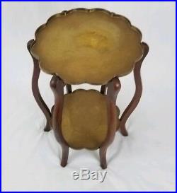 Vintage Moroccan brass tray table with folding wood stand 2 tier Persian Asian