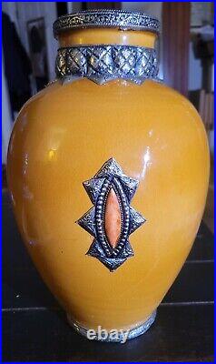 Vintage Morrocan Hand Crafted Golden Saffron Safi Vase w White Brass Overlay 14