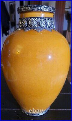 Vintage Morrocan Hand Crafted Golden Saffron Safi Vase w White Brass Overlay 14