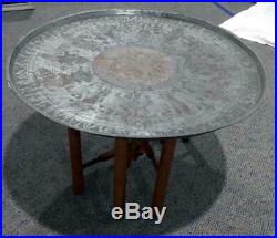 Vintage Old Middle Eastern Serving Tray Top Wood Copper Table Round Wood Base