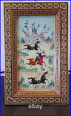 Vintage PERSIAN Painting on Bone Khatam Marquetry Frame Playing Polo