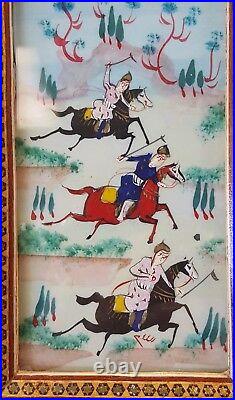 Vintage PERSIAN Painting on Bone Khatam Marquetry Frame Playing Polo