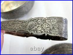 Vintage Persian 840 Silver Engraved Covered Dish Sugar Bowl with original tongs