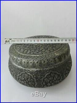 Vintage Persian Bowl Antique Islamic Brass Engraved Original Hammered With Lid