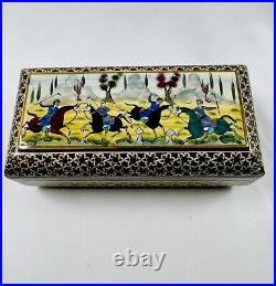 Vintage Persian Khatam Inlaid Jewelry Trinket Box Hunting Scene Perfect From UK