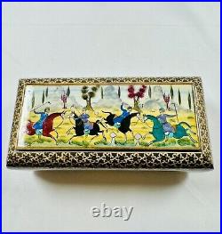 Vintage Persian Khatam Inlaid Jewelry Trinket Box Hunting Scene Perfect From UK