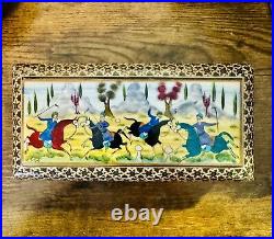 Vintage Persian Khatam Inlaid Jewelry Trinket Box Hunting Scene Perfect From UK