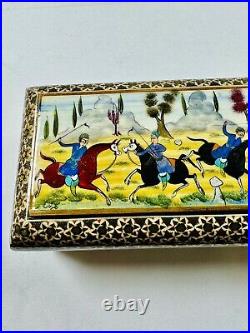 Vintage Persian Khatam Inlaid Jewelry Trinket Box Hunting Scene Perfect From UK