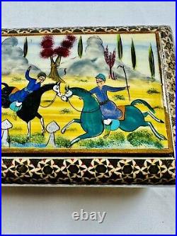 Vintage Persian Khatam Inlaid Jewelry Trinket Box Hunting Scene Perfect From UK