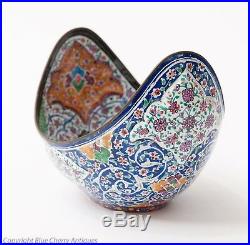 Vintage Persian Minakari Hand Painted Enamel on Copper Crescent Shaped Dish