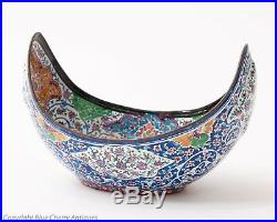 Vintage Persian Minakari Hand Painted Enamel on Copper Crescent Shaped Dish