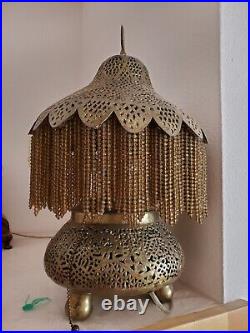 Vintage Pierced Brass Moorish Mid East Lamp with Amber Beads