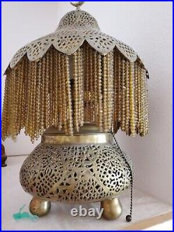 Vintage Pierced Brass Moorish Mid East Lamp with Amber Beads