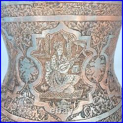 Vintage Safavid Persian Engraved Tinned Copper Vessel 10x10 Large 6 Panel Art