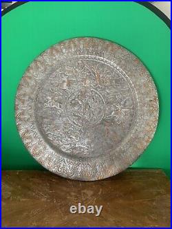 Vintage Silver Embossed Ghalamzani Tray Large Antique Decorative Middle Eastern