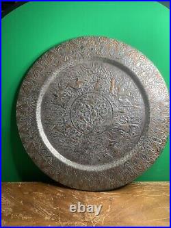 Vintage Silver Embossed Ghalamzani Tray Large Antique Decorative Middle Eastern