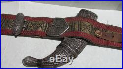 Vintage Yemen Jambiya Horn Handled Curved Dagger, Silver Adorned Belt & Sheath