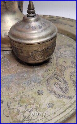 Vintage middle Eastern Brass Coffee Tea Set Porcelain Etched Gold Trim Arabic
