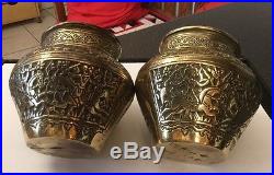 Vtg Antique Islamic Brass Bronze Persian Pair Vases Arabic Princely Figures