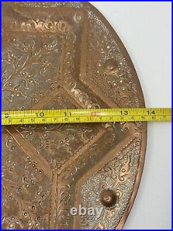 Vtg Persian Copper Hand Hammered Etched Islamic 13.5 Plate Tray Morocco