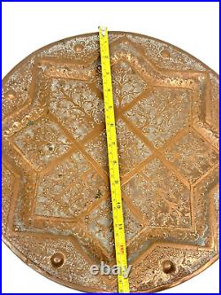 Vtg Persian Copper Hand Hammered Etched Islamic 13.5 Plate Tray Morocco