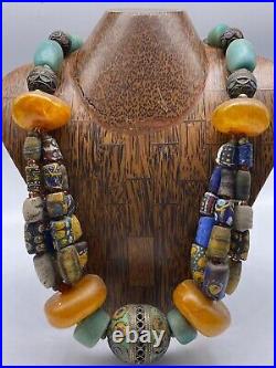 Wonderful Middle eastern Unique Glass Morocco Silver Antique Amber necklace 323g