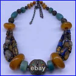 Wonderful Middle eastern Unique Glass Morocco Silver Antique Amber necklace 323g