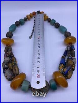 Wonderful Middle eastern Unique Glass Morocco Silver Antique Amber necklace 323g