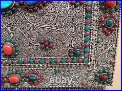 X Large Antique Tibetan Middle Eastern Silver Plated Filigree Jeweled Box