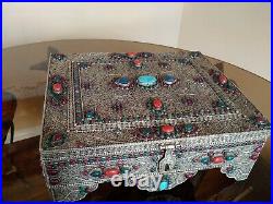 X Large Antique Tibetan Middle Eastern Silver Plated Filigree Jeweled Box